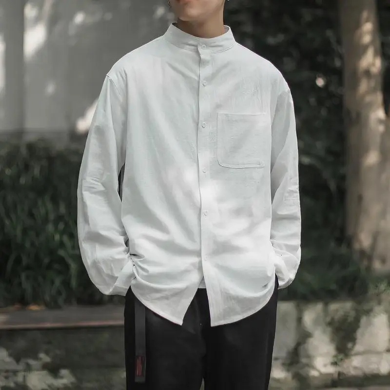 

Men's Long Sleeve Shirts Fashion Stand Up Collar Man Shirt 2021 Solid Color Male Oversized Blouses