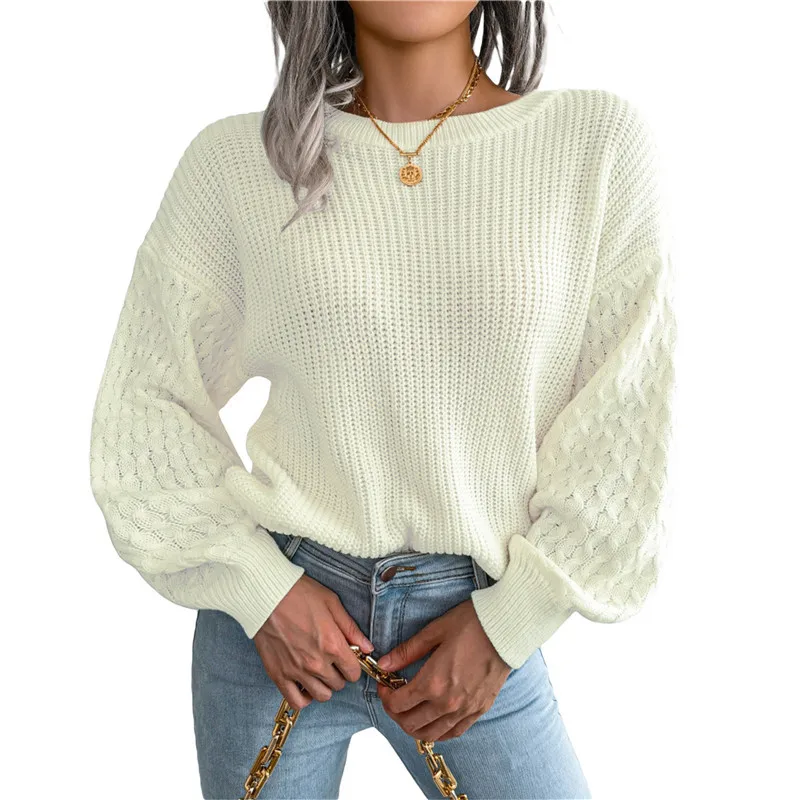 

Women Lantern Long Sleeve Knitted Sweater Casual Solid Color Round Neck Loose Fit Pullover Tops Simple Style Jumpers Fall Winter