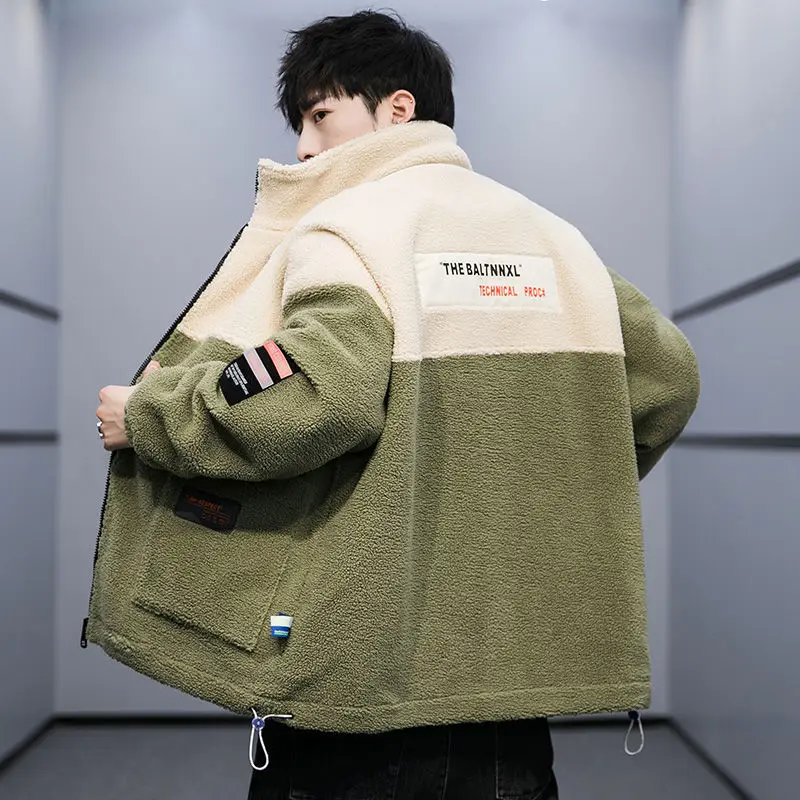 

Кашемировое пальто из ягненка, молодежная простроченная Толстая куртка, Мужские осенне-зимние Утепленные кардиганы на молнии с цветным плюшем, мужские кофты