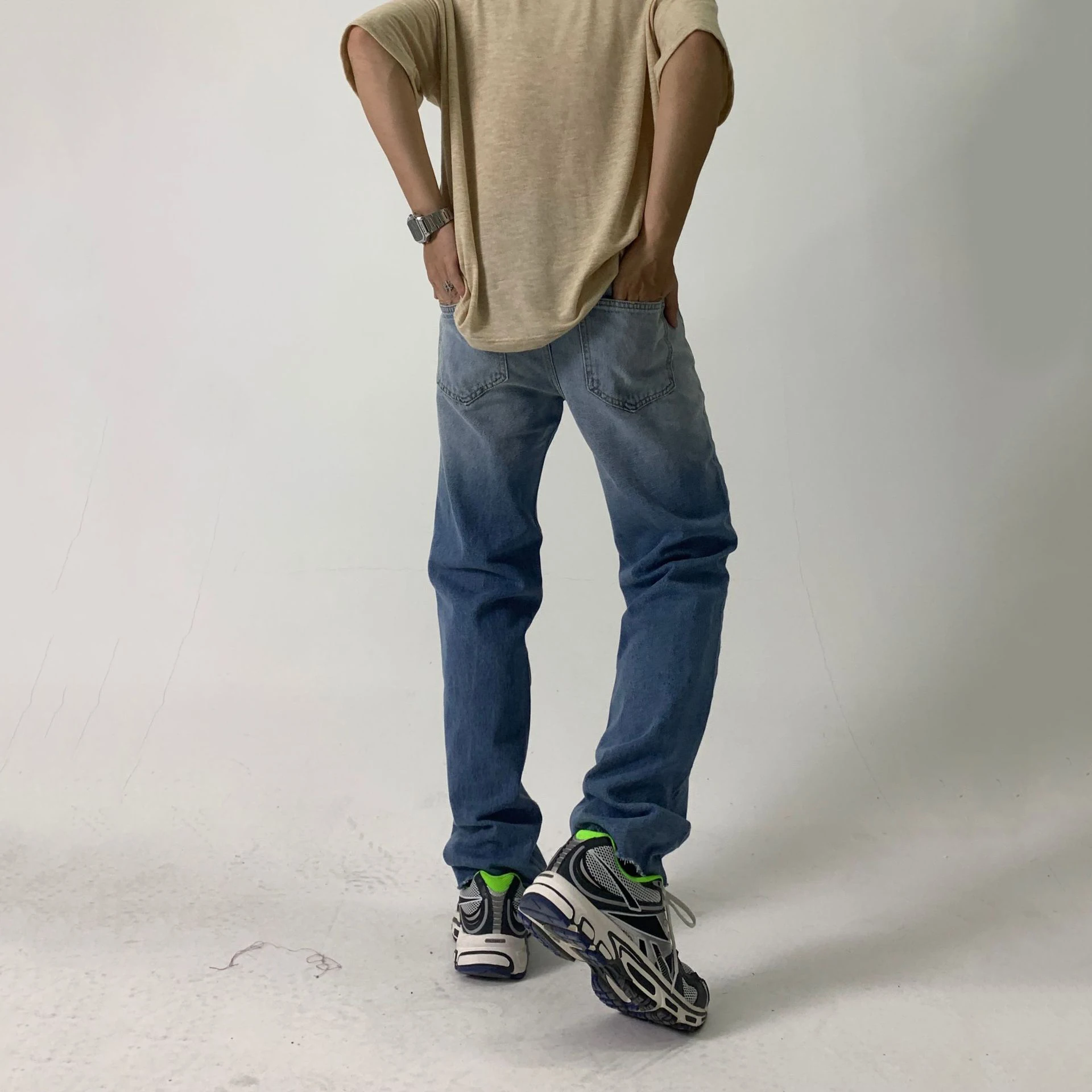 Men's Gradient Jeans Korean Style Straight Pants Design Long Pants Women's Ripped Beggar Wide Leg Pants Streetwear Men  Casual