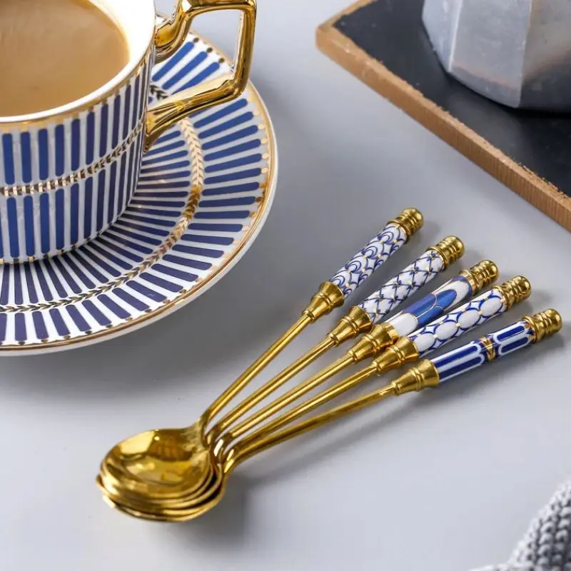 

Золотая десертная ложка с керамической ручкой, ложка для перемешивания кофе и молока, чайная ложка для мороженого, ложка для смешивания из нержавеющей стали