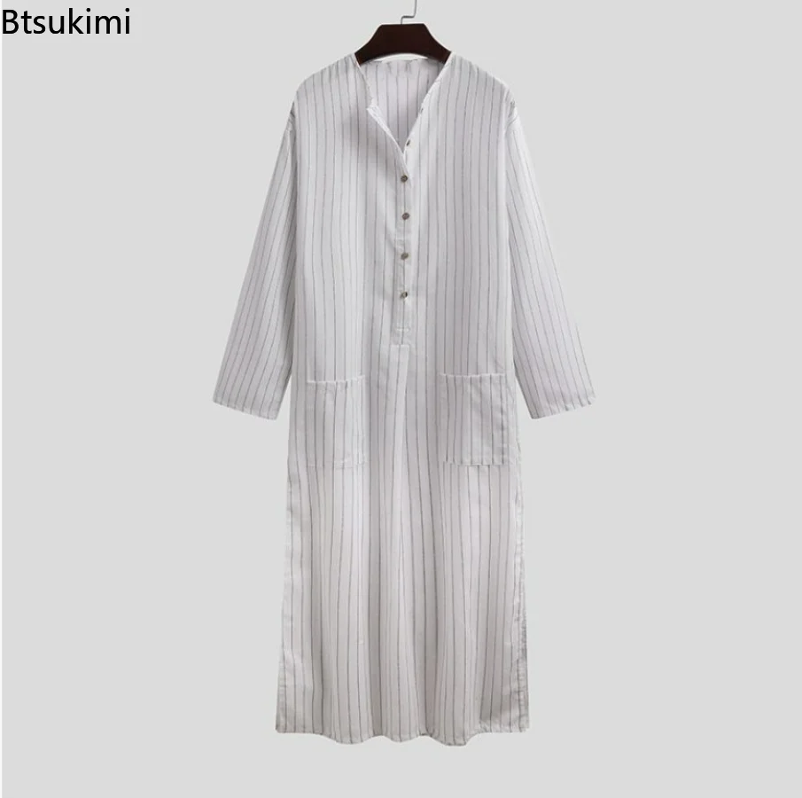 2023 Muslim Fashion Men's Robes Arabian Striped Shirt Ethnic Clothing Long Sleeves Retro Kaftan Islamic Arabic Male Jubba Thobe