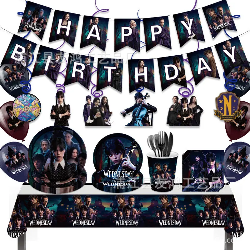 

New Wednesday Addams Birthday Party Decoration Supplies Children's Birthday Banner Tableware Balloon Cake Flags Site Layout