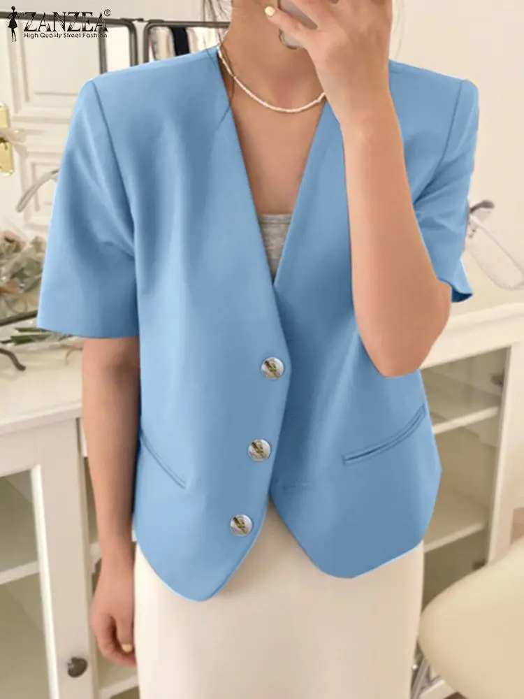 ZANZEA 2023 Spring Summer Solid Suit Jackets Korean Fashion Short Sleeve Blazer Women Office Wear V-neck Buttons Leisure Suits