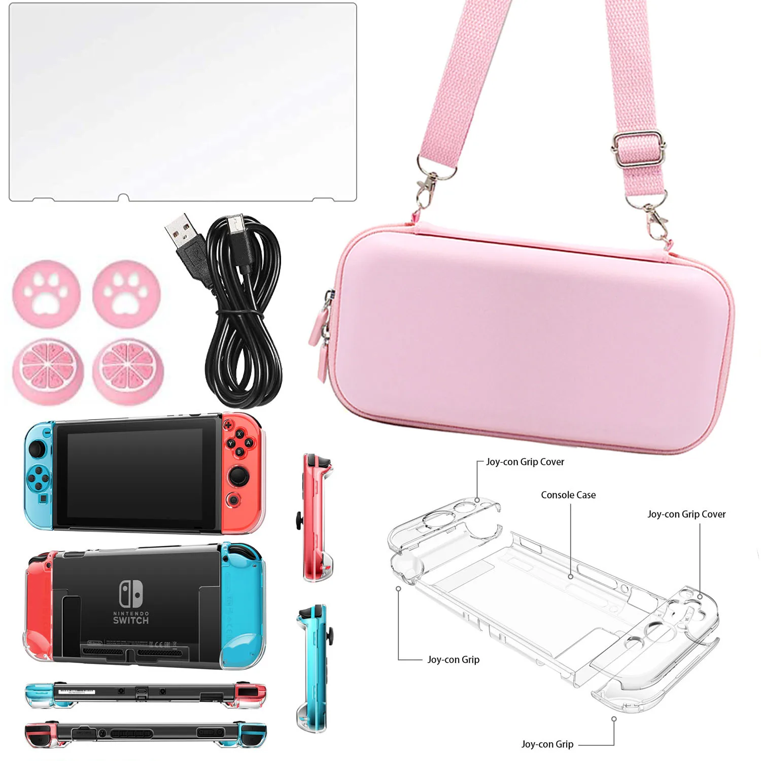 Набор аксессуаров для Nintendo Switch розовый чехол хранения Черный зарядный кабель