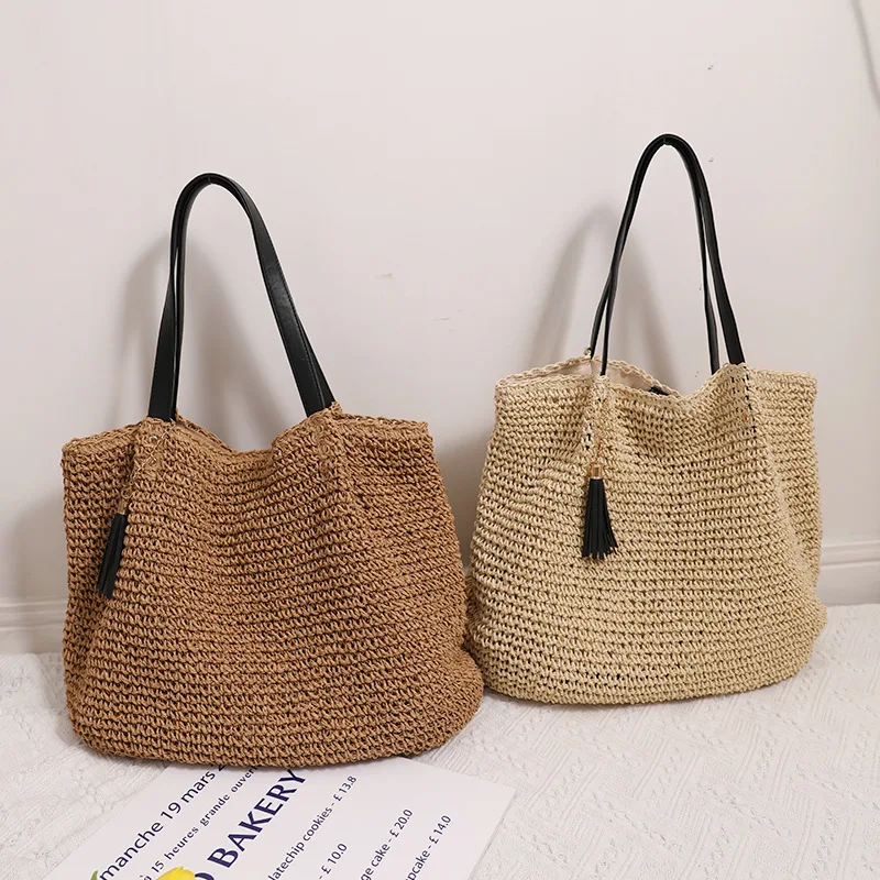 

Винтажные плетеные вместительные сумки из соломы, женские новые модные пляжные сумки для отпуска, женские повседневные сумки-тоуты с кисто...