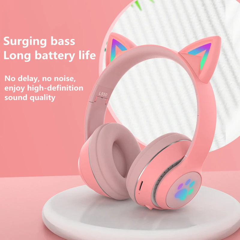 

Flash Light Cute Cat Ear Headphones Wireless With Mic Can Close LED Kids Girls Stereo Phone Music Bluetooth Headset Gamer Gift