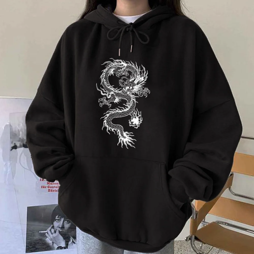 Autumn Winter Hooded Sweater 2021 Women China Dragon Print Loose Pullover Hooded Plush Hooded Sweater