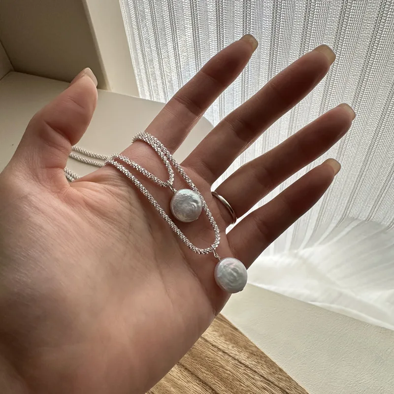 

Корейское ожерелье из стерлингового серебра S925 пробы с жемчужными пуговицами в стиле барокко, Корейская Персонализированная цепочка до кл...