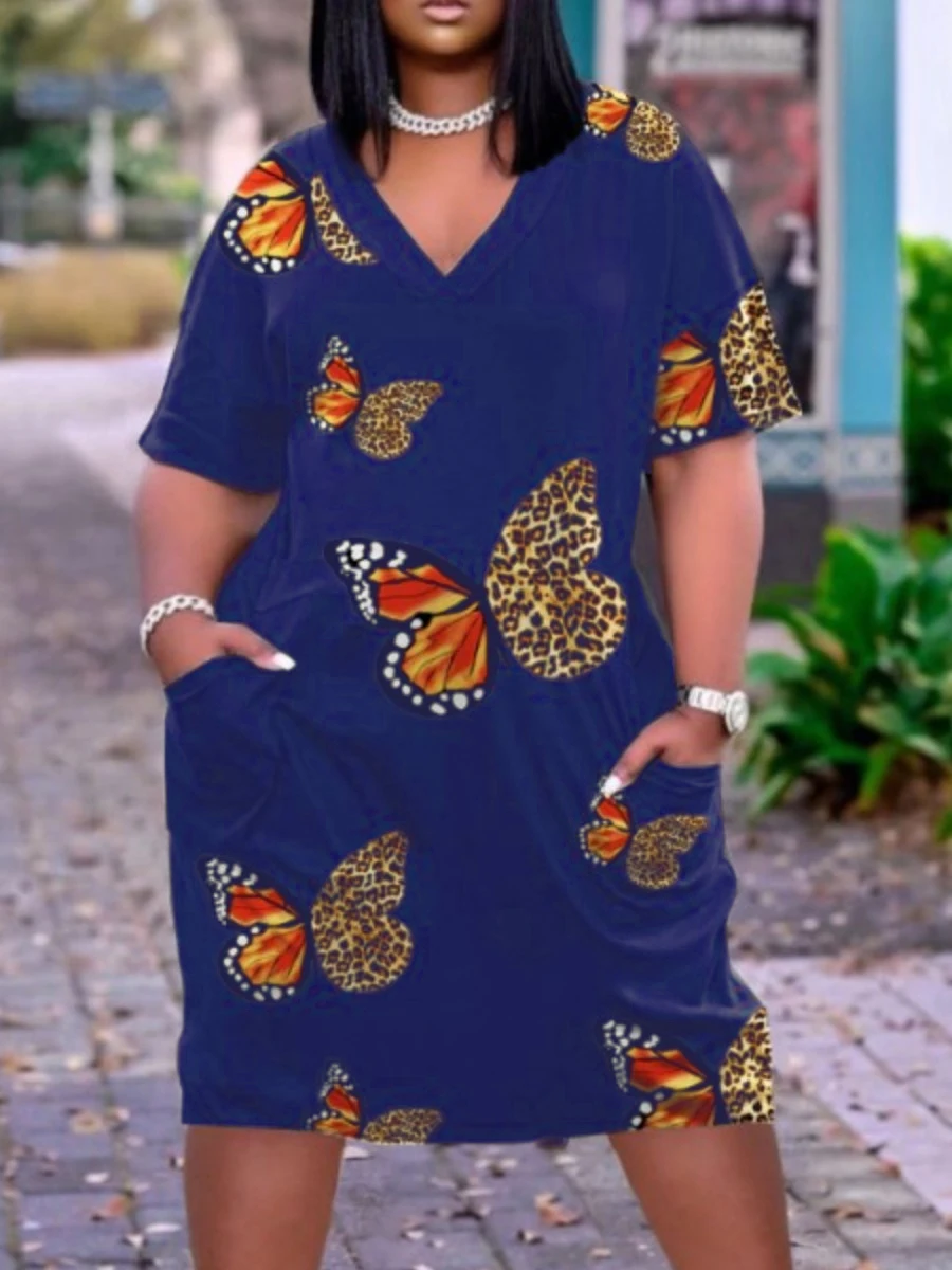 

LW Plus Size Dresses Butterfly Leopard Print Dress Short Sleeve Women's Shift Dress Spring Summer V Neck Fashion Casual Skirt