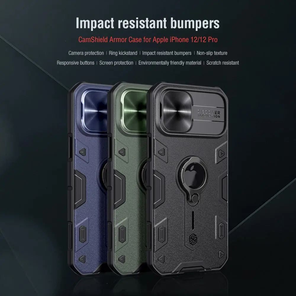 

Армированный чехол NILLKIN CamShield для iPhone 12/12 Pro/12 Mini/12 Pro Max, защитный чехол для камеры (вырез логотипа) с кольцевой подставкой