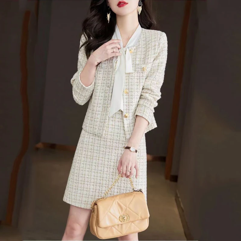 Женский твидовый комплект из 2 предметов в черно-белую клетку с курткой длинным