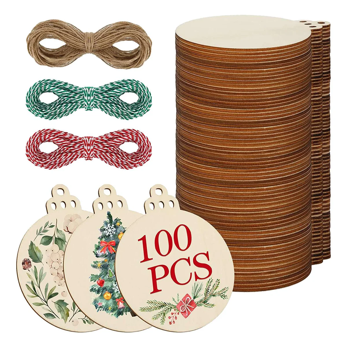 

100 шт. 3-дюймовые круглые деревянные ломтики с отверстиями, необработанные рождественские просверленные деревянные пустые круглые деревянные диски с веревкой 195 футов
