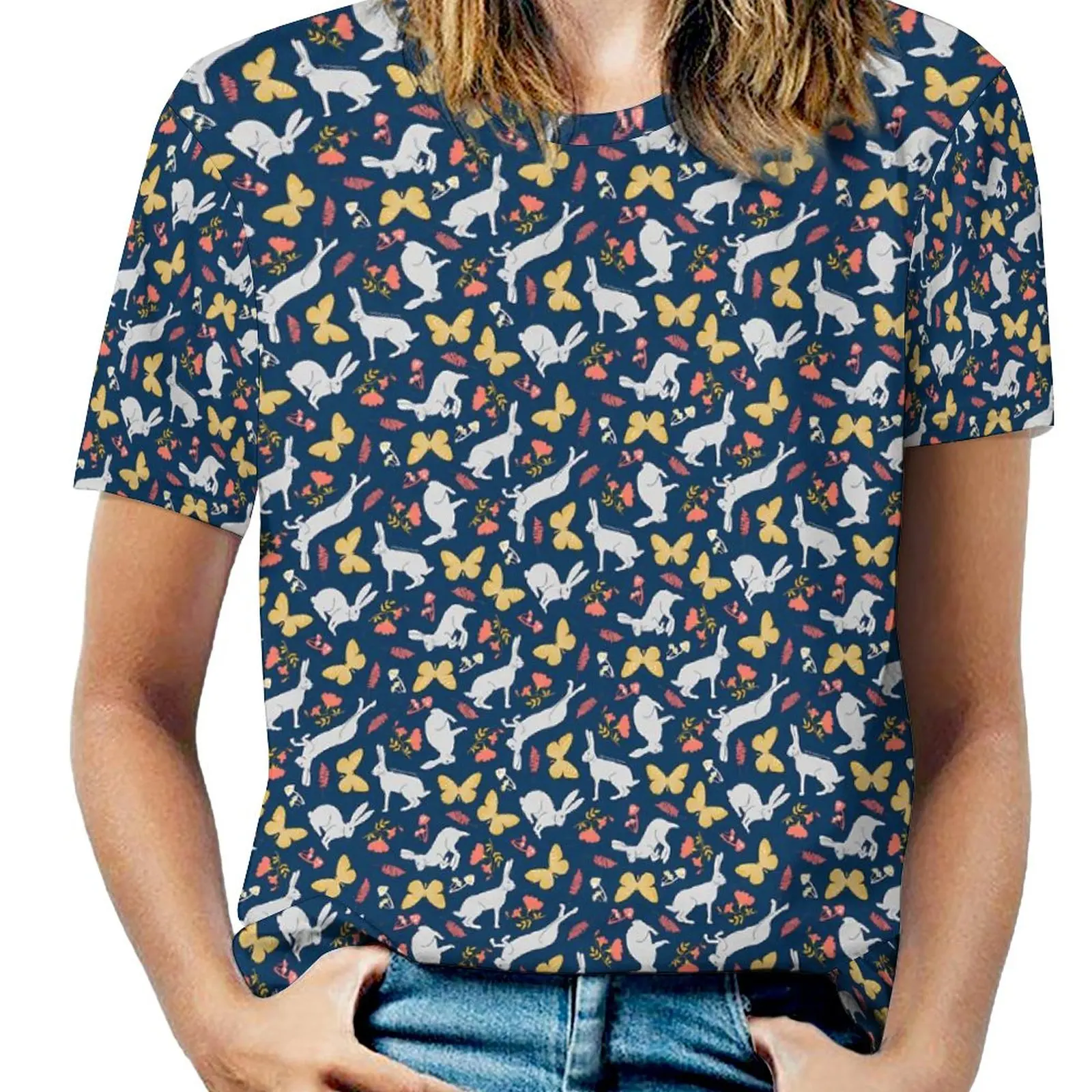 

Cute Rabbit T Shirts Butterflies Print Casual Oversize T-Shirt Short Sleeve Woman Pretty Tee Shirt Summer Printed Tees