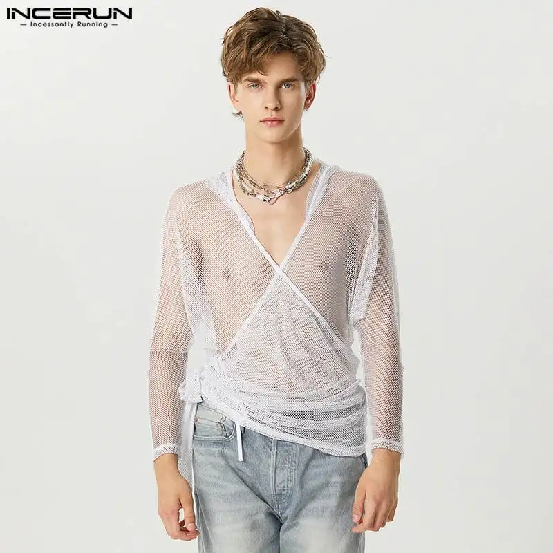

INCERUN Tops 2023 American Style Stylish New Mens Cross Hooded Design T-shirts Sexy Perspective Mesh Long Sleeved Camiseta S-5XL