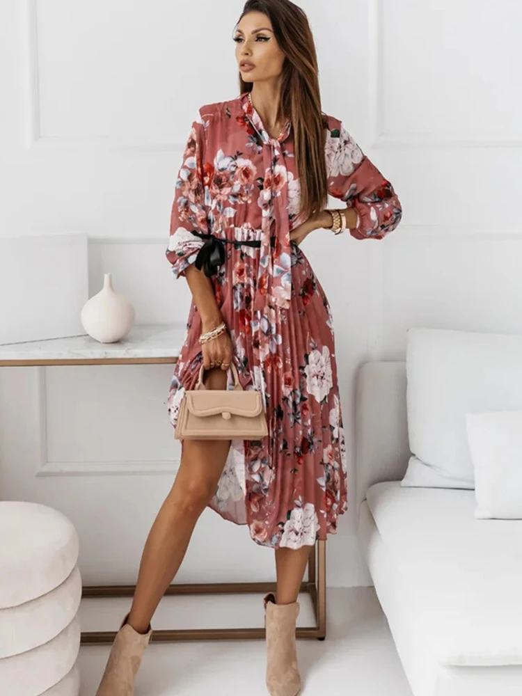 Женское плиссированное платье элегантное шифоновое офисное с цветочным принтом