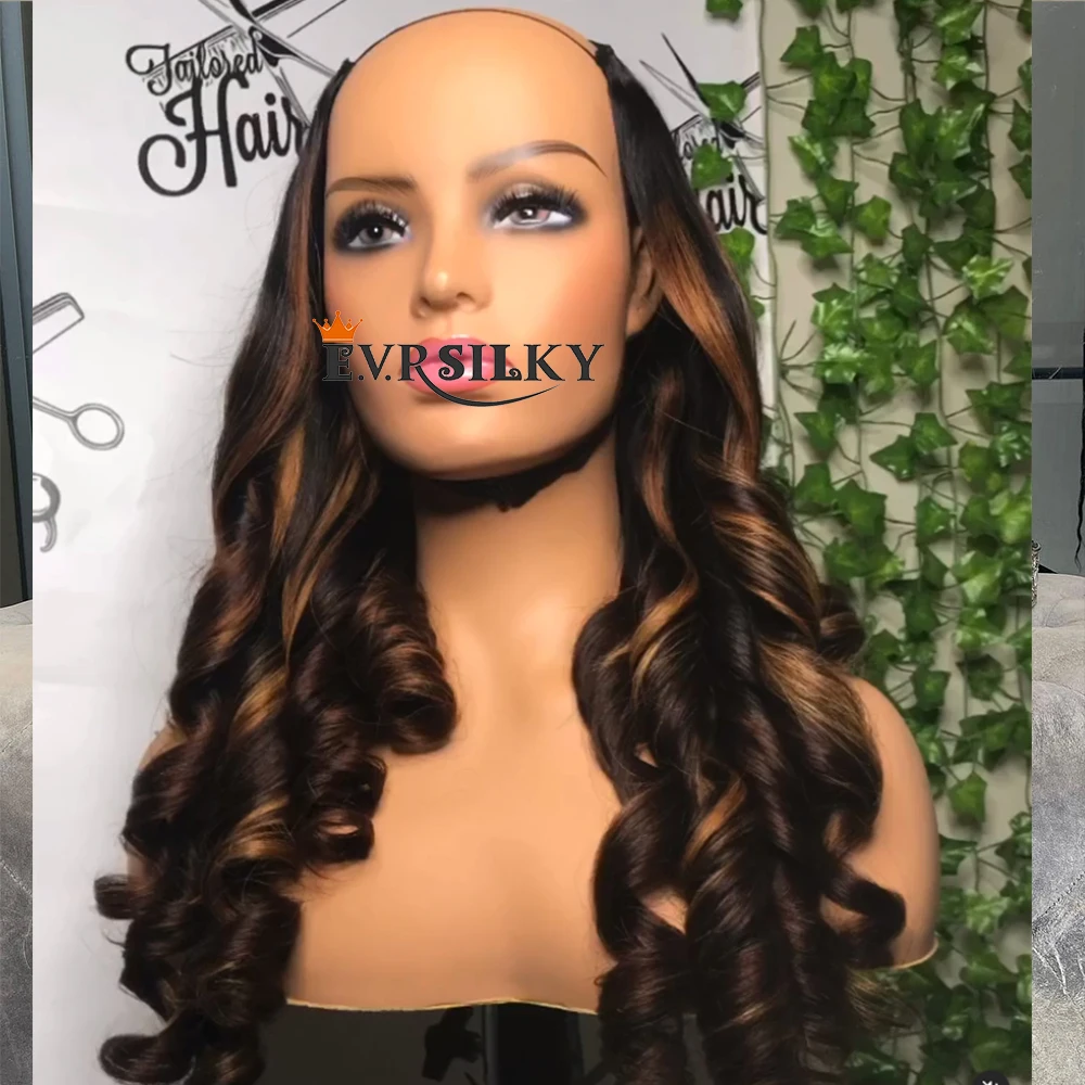

Highlights Blonde Wavy U Part Wigs Ombre Chocolate Brown 100% Unprocessed Human Hair Glueless Mongolia V Shape Full Loose Wave