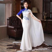 women embroidery flower satin cheongsam chinese bride wedding dress long sleeve evening qipao blue party dress gown for ladies