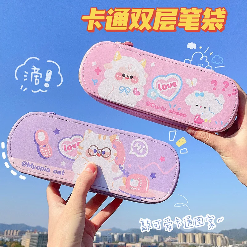 Original Cartoon Double-layer Pencil Box Lovely Stationery Box Waterproof Pencil Bag Primary School Stationery Pencil Box Female