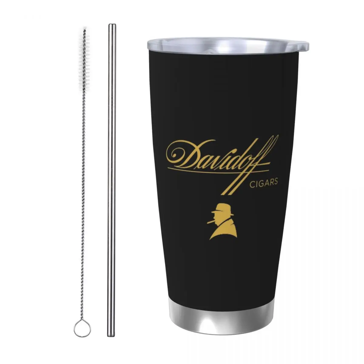 Фото Черный стакан Davidoff Cigars из нержавеющей стали, кружки с вакуумной изоляцией, термохолодная чашка, соломинки с крышкой, 20 унций №1