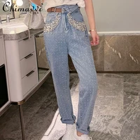 white exquisite rhinestone tasseled jeans womens 2022 spring new fashion all match loose slimming streetwear daddy pants