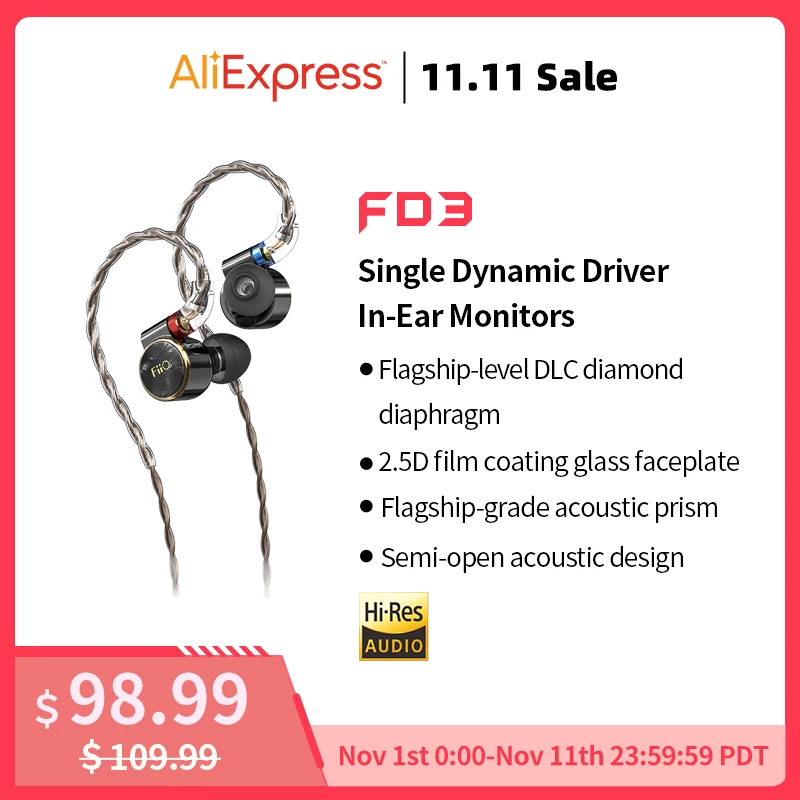 

Наушники-вкладыши FiiO FD3/FD3 Pro 1DD, Hi-Fi, 12 мм, DLC, проводные, с высоким разрешением, съемные, MMCX, для Huawei/Xiaomi/ПК/Iphone