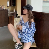 2021 new spring autumn women blue shirt korea chic ladies retro striped off shoulder design simple casual long sleeved blouses
