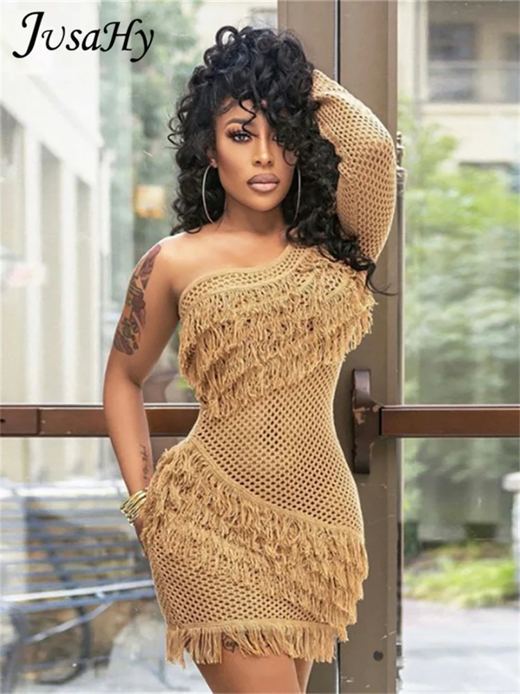 

Женское осеннее однотонное вязаное платье JusaHy Y2K с украшением в виде кисточки, асимметричное облегающее платье на одно плечо, Длинная пляжная юбка для отдыха, новинка 2022