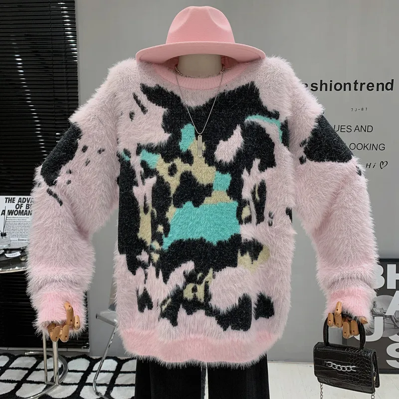 

Niche Design New 2022 Winter Pink Jacquard Plush Sweater Mohair Loose Thickened Long Sleeve Pullover Knit Shirt Top