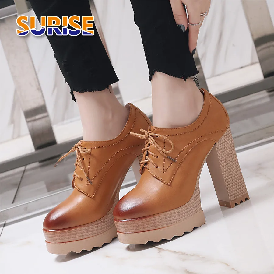 

British Women Platform Pumps PU Leather Painted Round Toe Chunky Block High Heel Derby Brogues Casual Lace-up Oxfords Lady Shoes