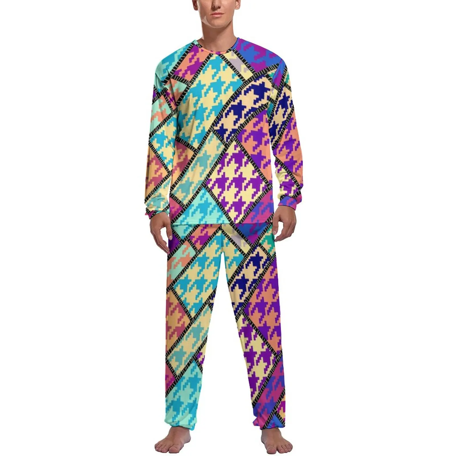 Colorful Houndstooth Pajamas Autumn Patchwork Style Room Sleepwear Men 2 Piece Graphic Long Sleeves Elegant Pajama Sets