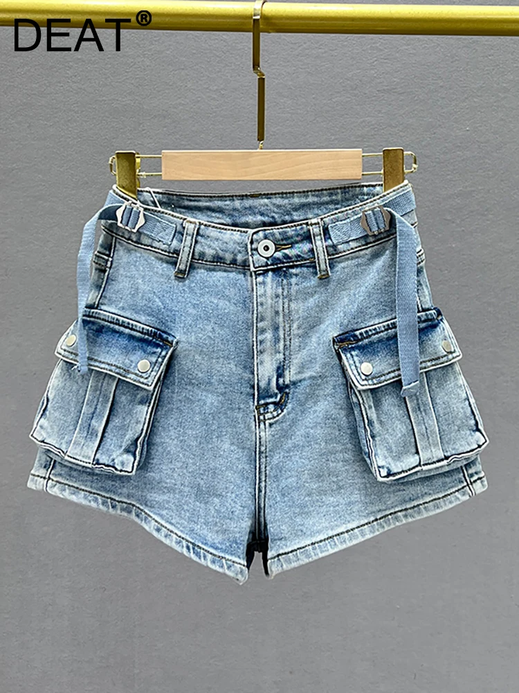 

DEAT Women Denim Shorts Adjust Belt Waist Solid Color Patchwork Big Pockets Wide Leg Short Pants 2023 Summer New Fashion 29L2479