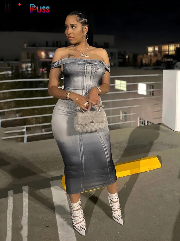 

Weird Puss Gradient Print Party Dress Women 2023 Summer Trend Hipster Chic Elegant Slash Neck Stretch Bodycon Streetwear Clothes