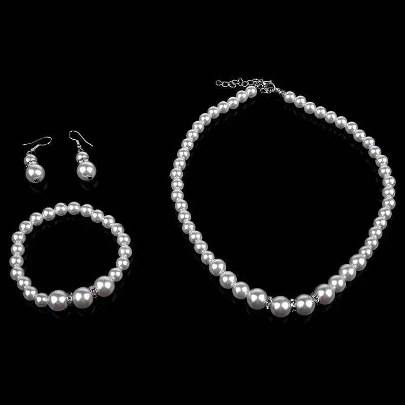 

3Pcs Exquisite Pearl Necklace Earrings Bracelet Set Gift for Women Girl Bridal
