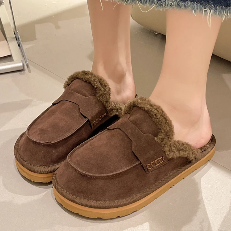 

Зимние женские плюшевые теплые тапочки с круглым носком простой дизайн мягкие уличные сандалии Повседневная Удобная прогулочная обувь для женщин 35-40