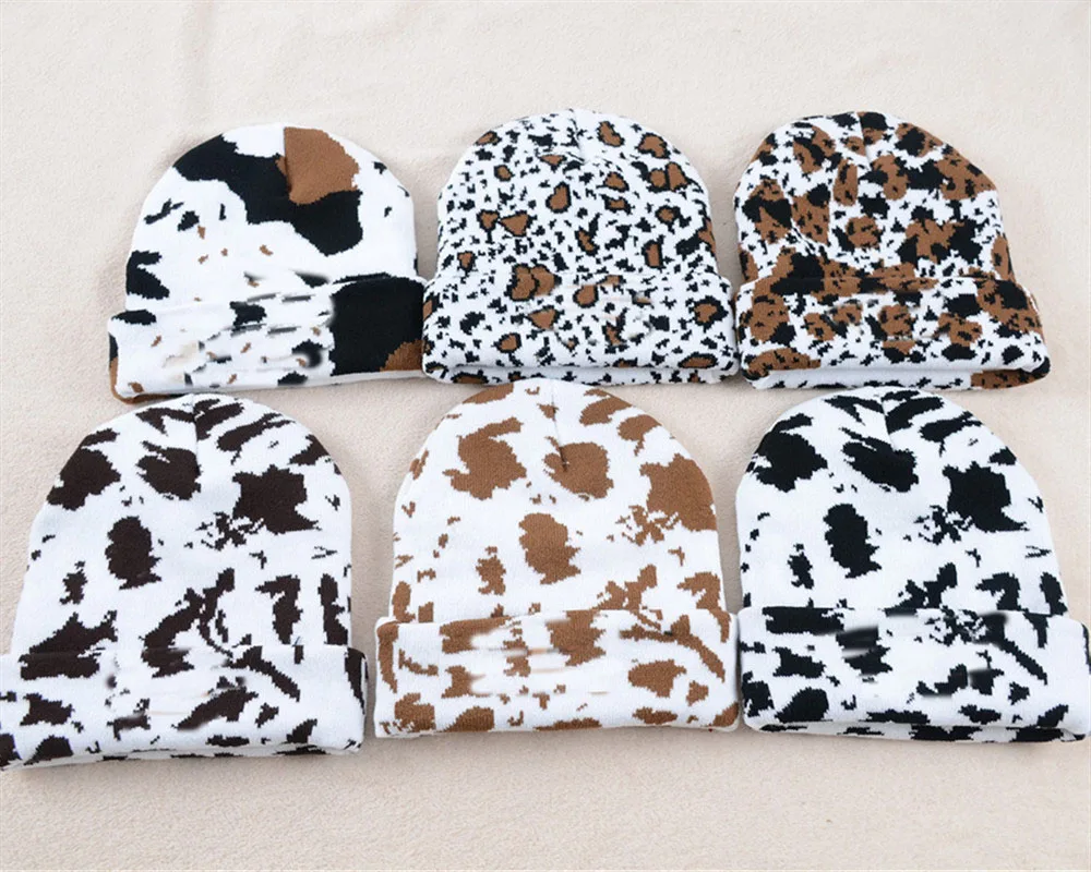 

Adult cow print Beanies Hat with logo knit Wool toboggan Cap women men Bobbie Beanie Hat label Cheetah Ponytail