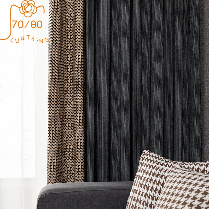 Dark Gray Vertical Striped Cotton and Linen Plaid Stitching Thickened Blackout Curtains for Living Room Bedroom Dining Room
