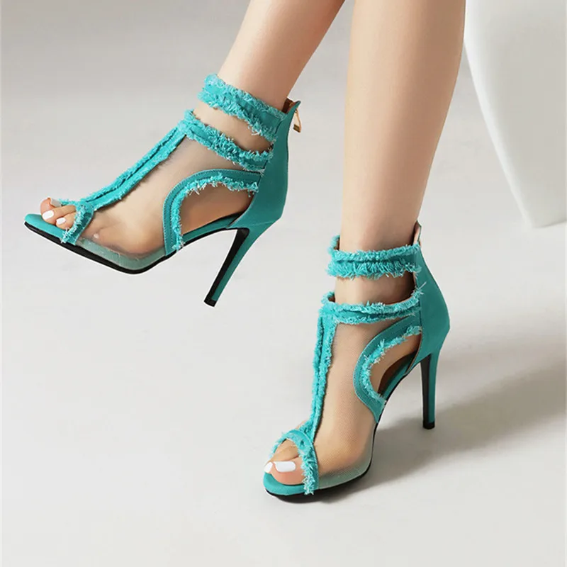 2023 New Denim Women's Sandals With Heels Summer Female Footwear Pointed Toe Stiletto Peep Toe Zip Fashion Mesh Ladies Shoes