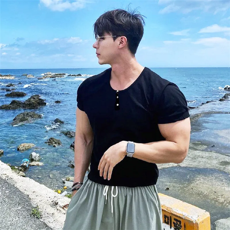 2022 new button collar Man Fashion T-shirt Shirt Casual Plain Color sleeve High Quality Slim Men Fitness homme tee |