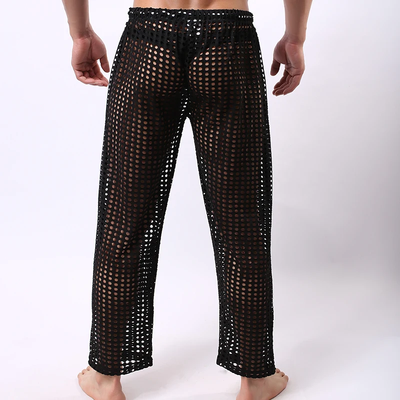 

Male Long Fashion Fishnet Comfortable Gay Pants Bottoms Sleep Funny Bottoms Men Pajama Grid Sheer Sexy See Lounge Through