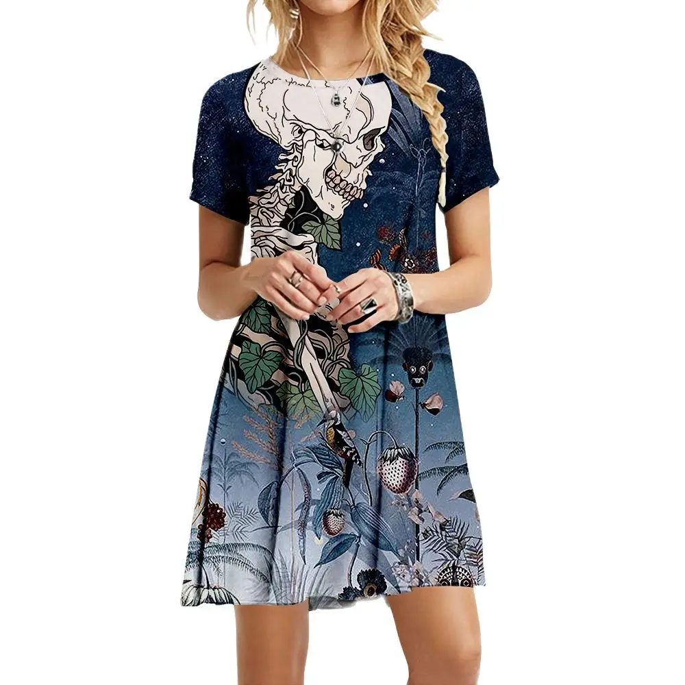 

Skull Graffiti Print 2022 Summer Short Sleeve Dress Customization Female Casual Dress High Quality Perfect Outfit for Women