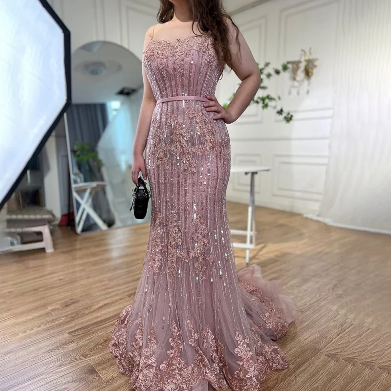 

Pink Arabic Mermaid Lace Evening Gowns Elegant Party Prom Dresses For Women
