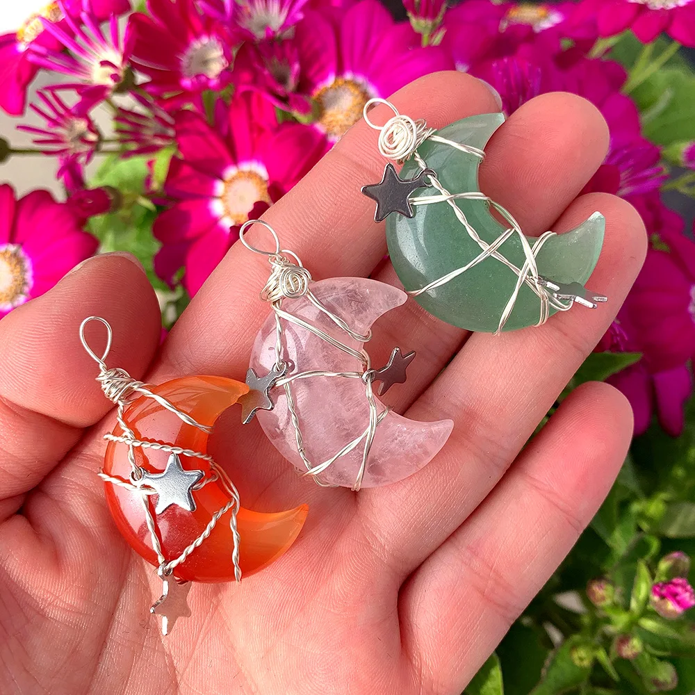 

Natural Stone Exquisite Moon Shape Pendants Sliver Color Wire Wrap Star for Necklace Reiki Healing Rose Crystals Quartz Balance