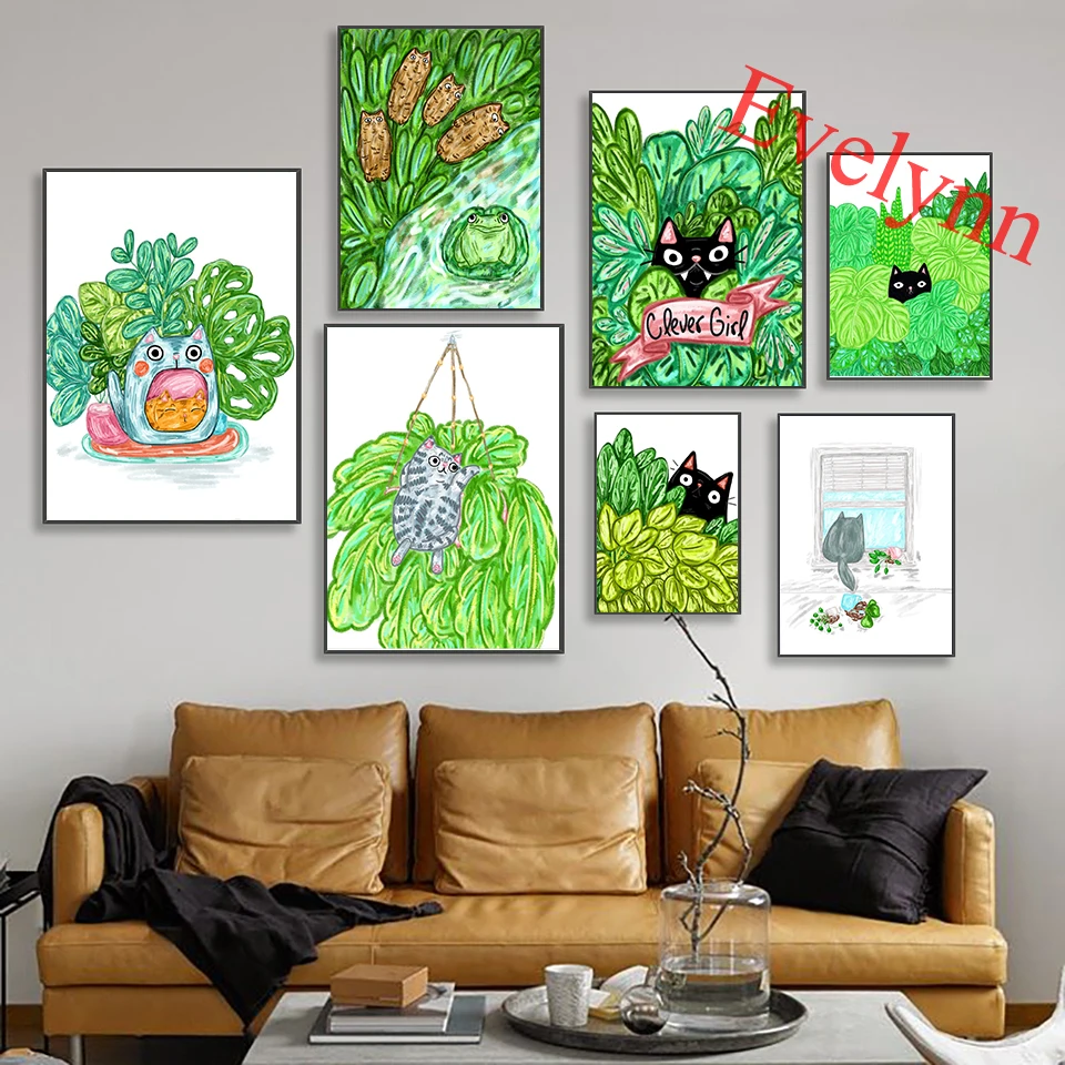 

Black Cat And Plants Illustration Retro Tabby Cat Abstract Canvas Poster Nordic Modern Home Decor Prints Wall Art Painting Gift