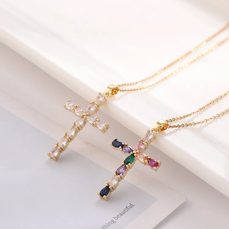 

Fashion Religious Female Accessories Real Gold Plating Micro Inlaid Colorful Zircon Water Drops Cross Necklace