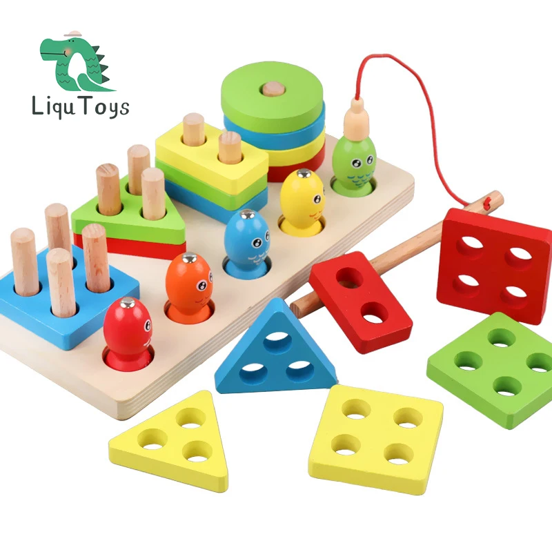 

LIQU Wooden Shape Sorter Stacker Toddlers Puzzles Toy Montessori Color Sorting Preschool Geometric Shapes Toy Fishing Game Peg
