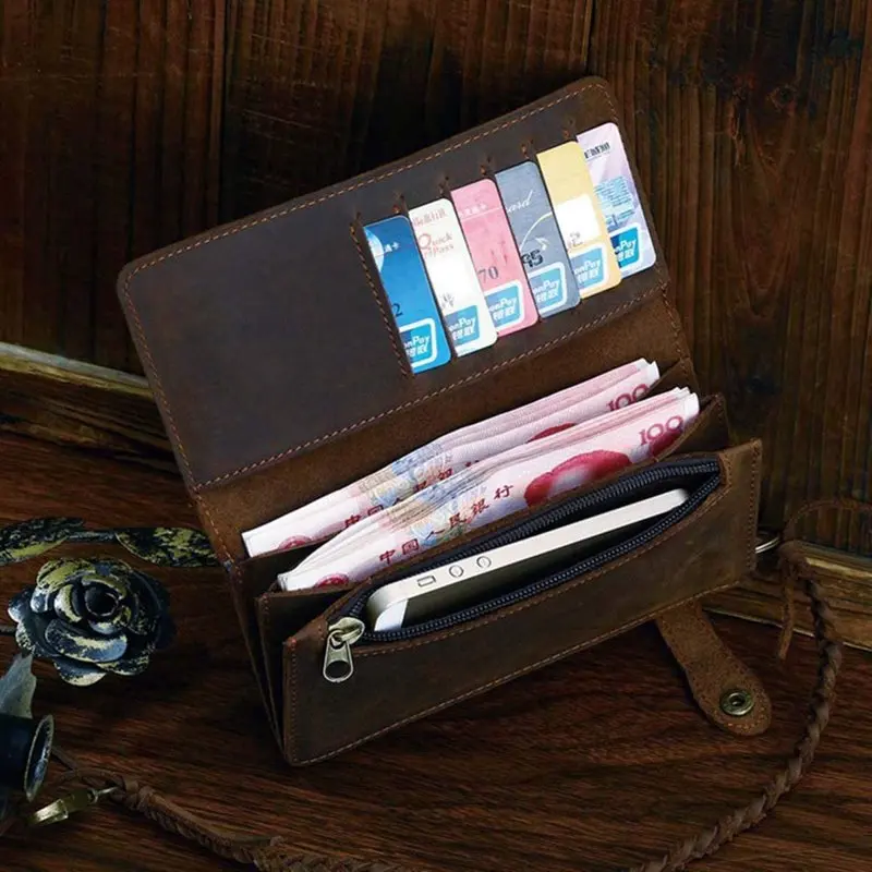 Le'aokuu Mens Genuine  Bifold Organizer Checkbook Chain Card Case Wallet Brown