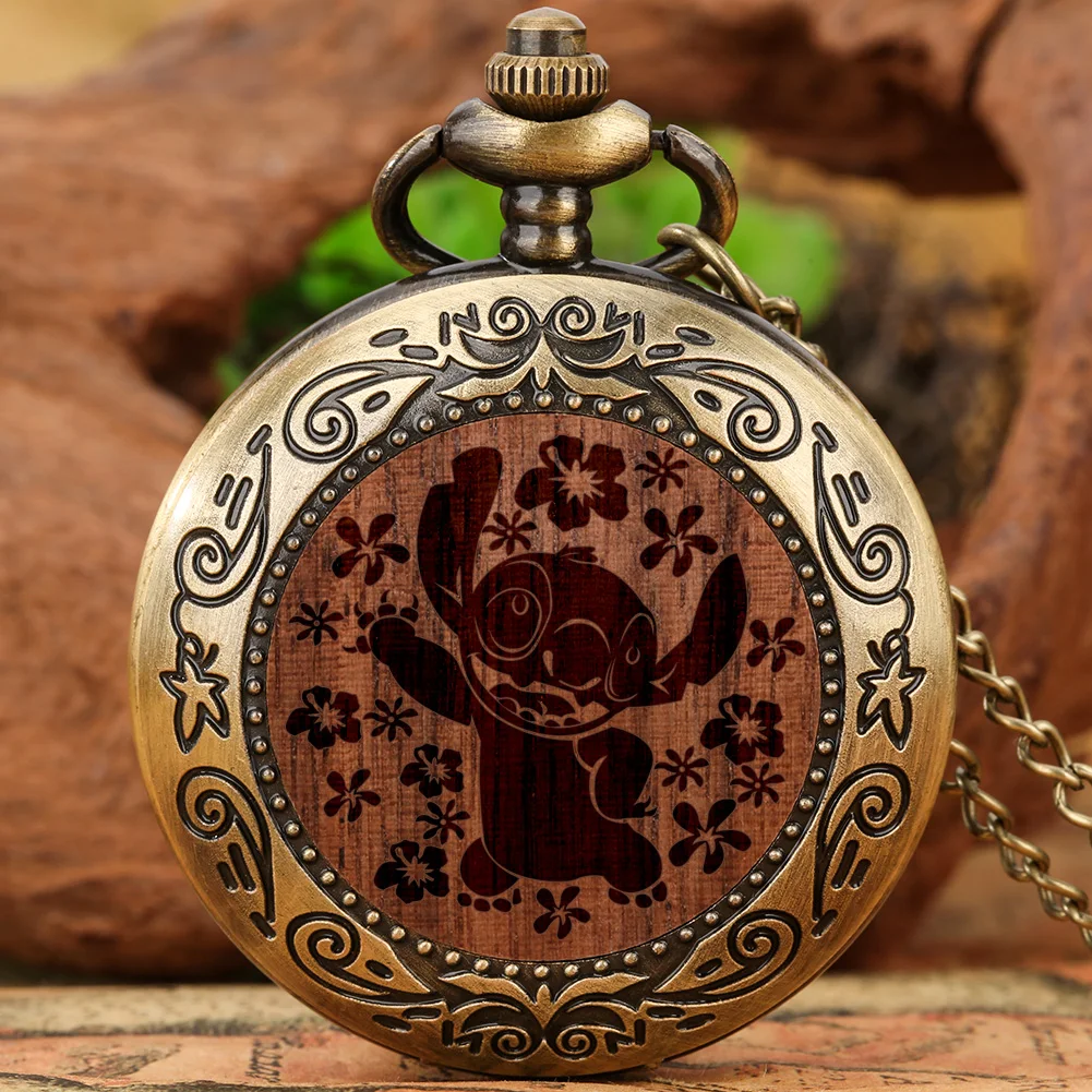 

Quartz Pocket Watch Cute Cartoon Doll Engraved Wood Case Pendant Watch Decorative Gifts for Kids Men Women Relógio De Bolso