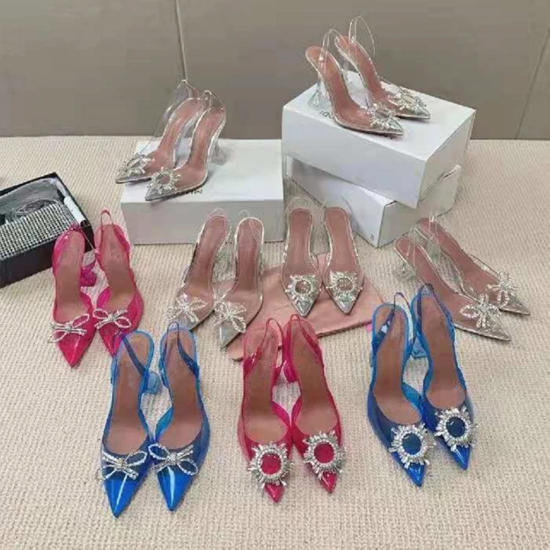 

Новинка лета 2021, сандалии на высоком прозрачном каблуке с бантом и острым носком