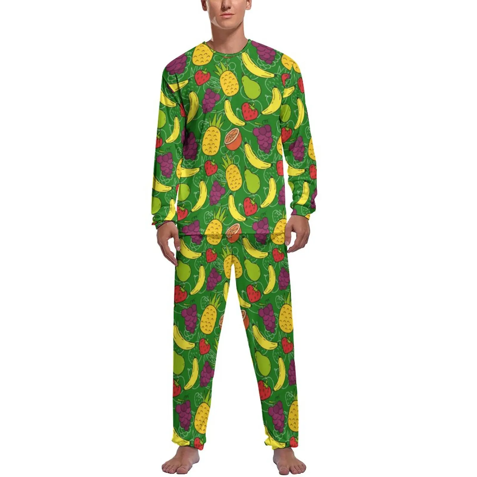 Cute Pineapple Pajamas Autumn Two Piece Funny Fruit Print Warm Pajamas Set Male Long Sleeve Aesthetic Graphic Sleepwear